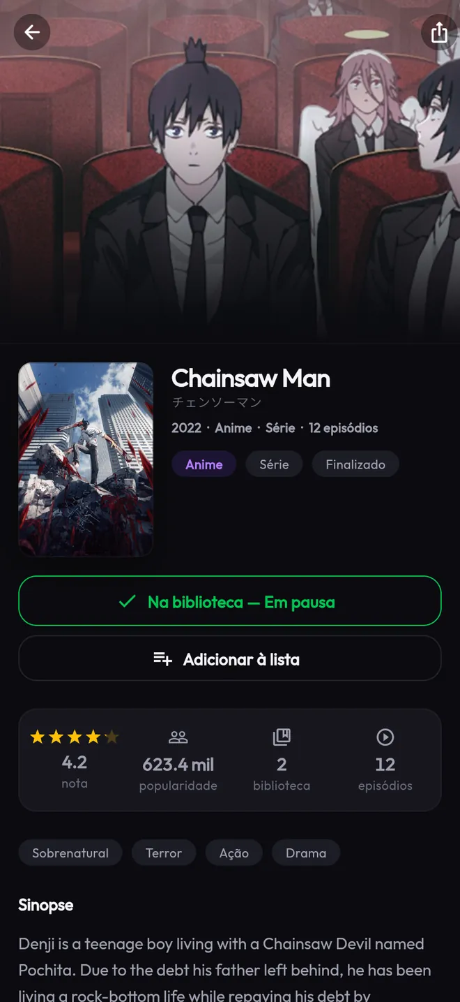 Página de obra do Eyecatch: Chainsaw Man com banner, tags de gênero, nota 4.2, popularidade e sinopse.