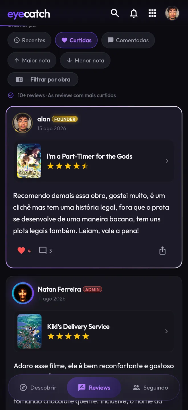 Tela de reviews do Eyecatch, com filtros por curtidas e nota.